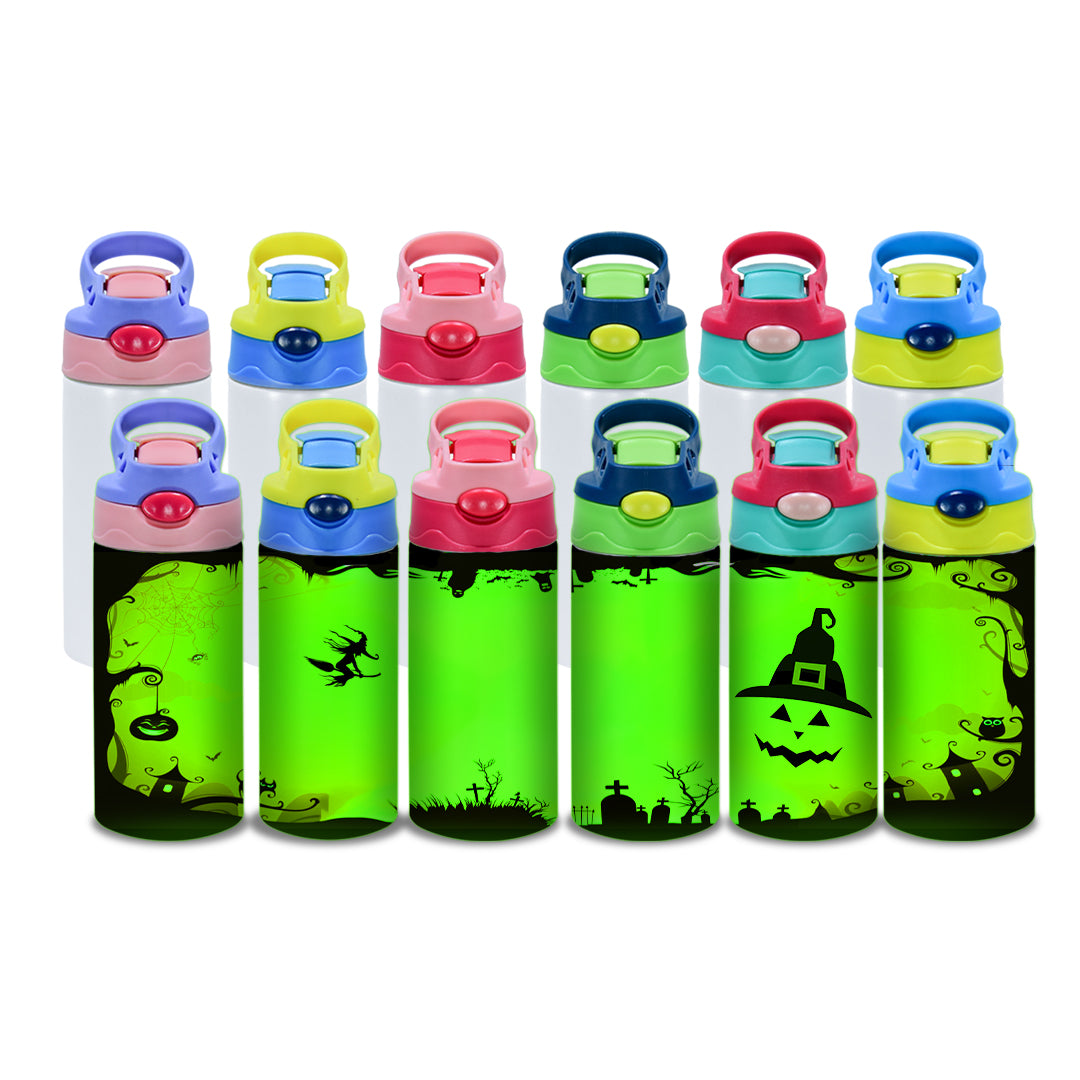 RTS USA Warehouse Glow in the dakr 12oz Sublimation Straight Top Flip Kids Water Bottle with Colorful Top