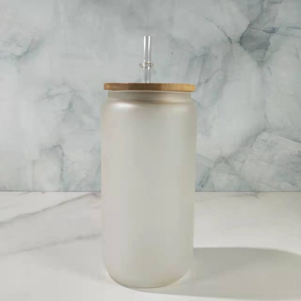 RTS USA warehosue 16oz clear/frosted sublimation glass cups with bamboo lid+plastic straw
