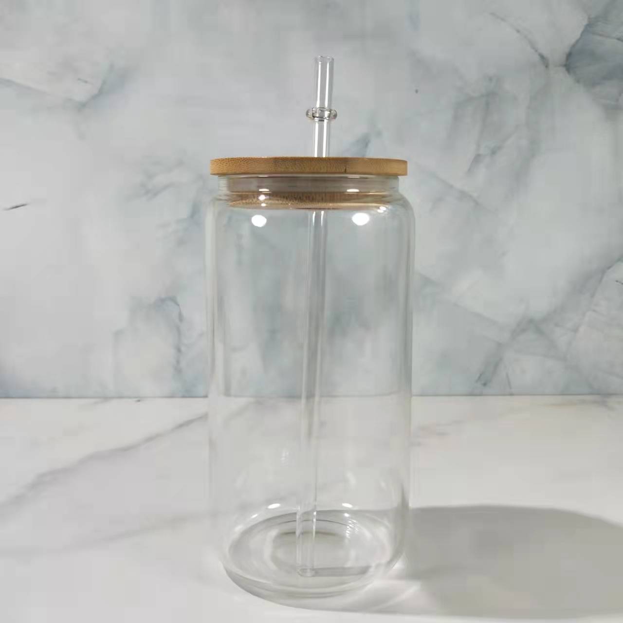 RTS USA warehosue 16oz clear/frosted sublimation glass cups with bamboo lid+plastic straw