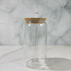 RTS USA warehosue 16oz clear/frosted sublimation glass cups with bamboo lid+plastic straw