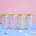 RTS US Warehouse 16oz Rainbow Glitter Sublimation Iridescent Glass Can With Bamboo Lid Mixed 4 Colors