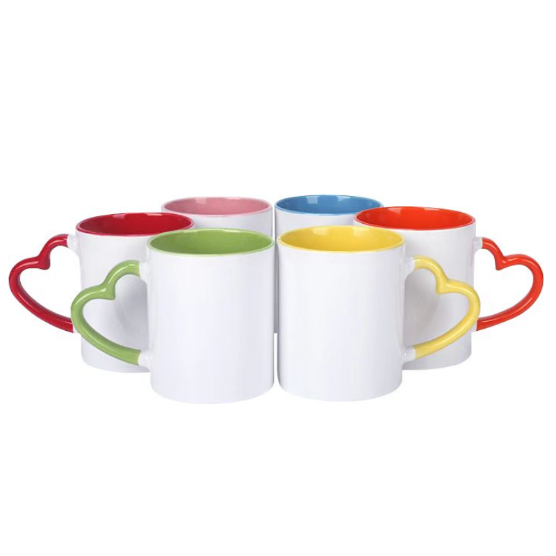 RTS USA warehouse 11oz sublimation ceramic coffee mug with colorful inside and heart handle