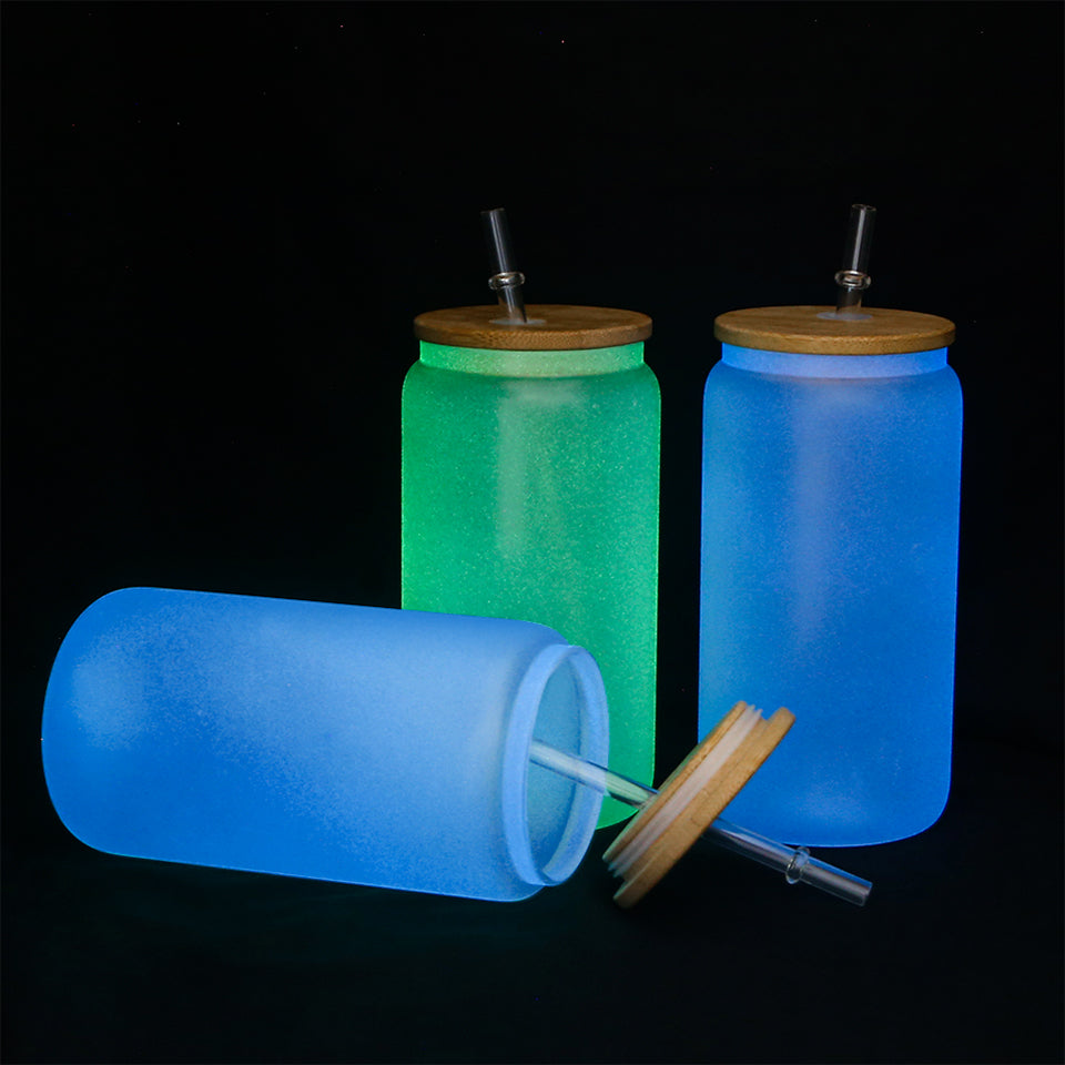 RTS US Warehouse 16oz Frosted Glow in the Dark Sublimation Glass Can With Bamboo Lid