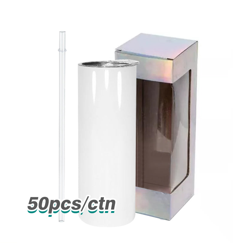 RTS USA warehouse 20oz sublimation blanks straight skinny tumblers with plastic straw+holographic box