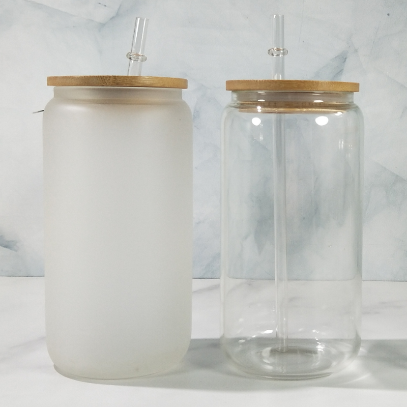 RTS USA warehosue 16oz clear/frosted sublimation glass cups with bamboo lid+plastic straw