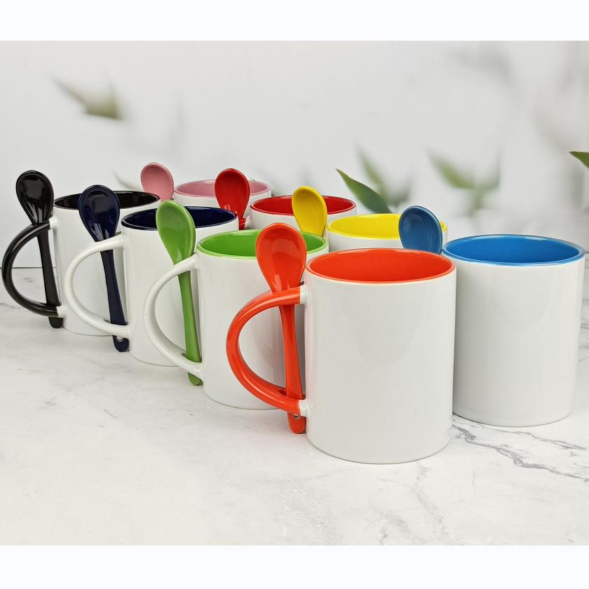 RTS USA warehouse 11oz sublimation ceramic coffee mug with spoon,mix colors